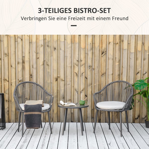 Outsunny 3-teilige Rattan Gartenmöbel-Set Sitzgruppe, Gartengarnitur mit 2 Gartenstühlen, Beistelltisch mit Hartglasplatte, Kissen, für Balkon, Terrasse, Stahl, Dunkelgrau