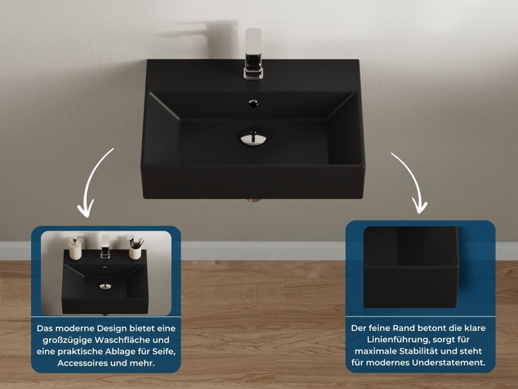 Aqua Bagno Loft Waschbecken KS.AN.60 – 60 x 42 cm – Schwarz Matt – Keramikbecken mit Hahnloch & Überlauf