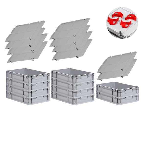 PROREGAL Spar Set 10x Eurobox Nextgen Economy Mit Auflagedeckel & 4x Schiebeschnappverschlüsse Rot Griffe Geschlossen HxBxT 12 x 40 x 60 cm 23 Liter