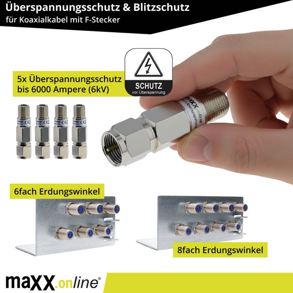 Überspannungsschutz und Blitzschutz für Koaxialkabel mit F-Stecker, inklusive Erdungswinkel und Logo von maxx.online
