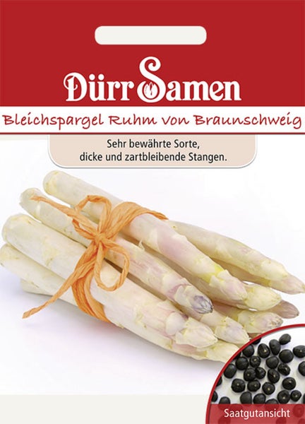 Dürr Samen Bleichspargel Ruhm von Braunschweig, Saatgutpackung mit Abbildung eines Spargelbundes und Detailansicht der Samen.