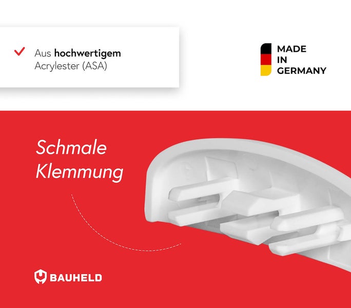 Detailaufnahme einer schmalen Klemmvorrichtung aus Acrylester, hergestellt in Deutschland