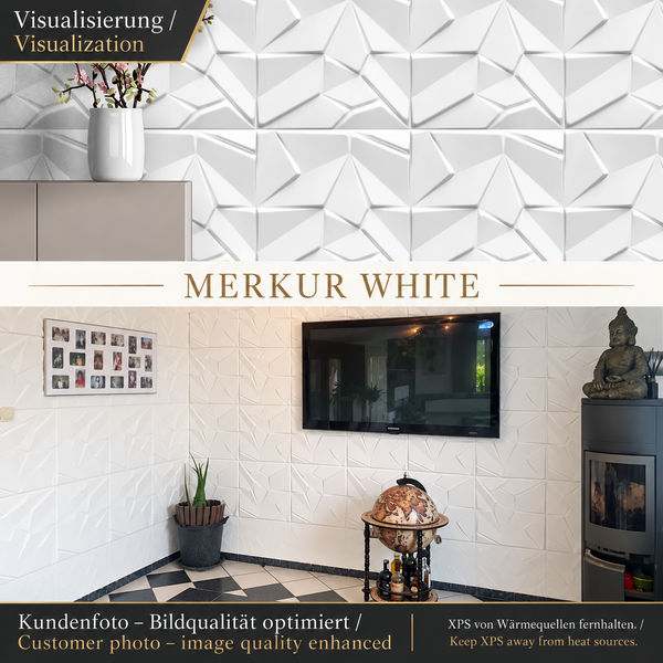Wohnzimmerwand mit dekorativen 3D Wandpaneelen Merkur White aus Polystyrol mit geometrischem Muster, präsentiert in einer Einrichtungssituation.
