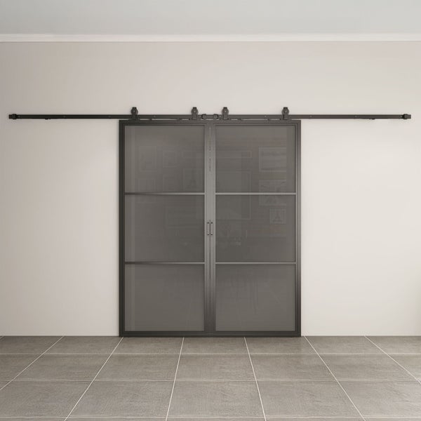 Loftschiebetür Doppelflügelig 1800x2150mm Grauglas getönt Stahl in schwarz, Komplettset