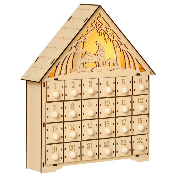 Adventskalender aus Holz in Hausform mit 24 nummerierten Schubladen und beleuchteter Weihnachtskrippe.