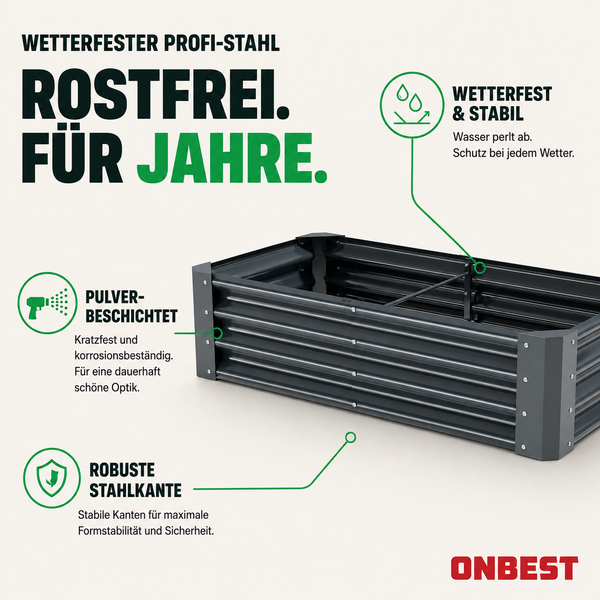 Hochbeet aus anthrazitfarbenem, gewelltem Stahl, pulverbeschichtet, wetterfest und stabil mit robusten Stahlkanten. ONBEST Logo.
