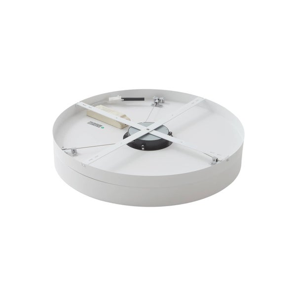 Rückansicht einer runden Deckenleuchte mit Montagekreuz und LED-Treiber.