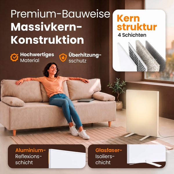 Frau entspannt auf einem Sofa neben einer Infrarotheizung mit vierlagiger Massivkernkonstruktion, Überhitzungsschutz und Isolierschichten.