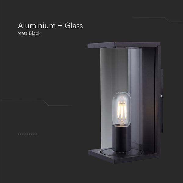 Moderne Außenwandleuchte aus mattem schwarzem Aluminium und Glas mit sichtbarem Leuchtmittel.