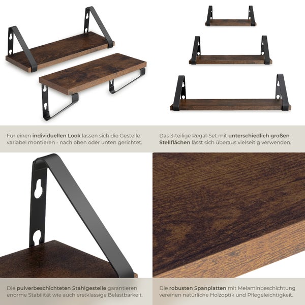 3er Set Wandregal tectake Cowell Höhe 12 cm Industrial Style Industrial Holz dunkel, rustikal