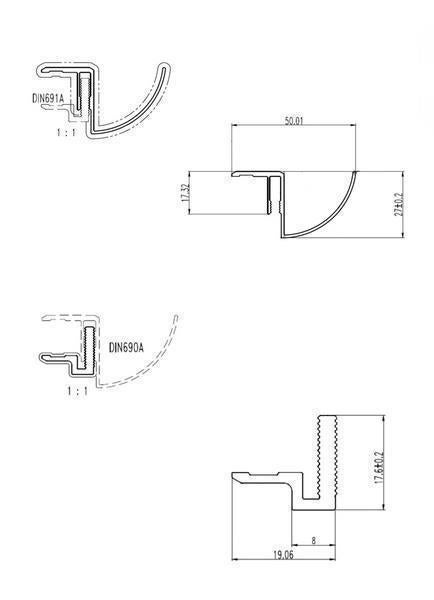 Technische Zeichnung von Aluminiumprofilen mit Maßangaben
