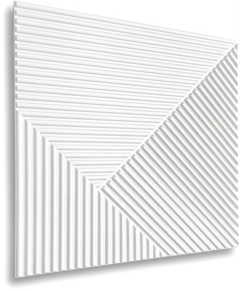 Quadratisches dreidimensionales Wandpaneel mit geometrischem Reliefmuster aus parallelen Linien.