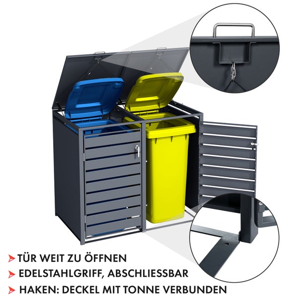 FLOORDIREKT Mülltonnenbox Magnus mit Edelstahlrahmen 132 x 80 x 116 cm - 2 Türen