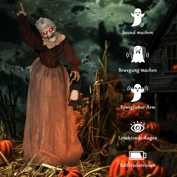 Animierte Halloween-Dekofigur einer Hexe mit Sound, Bewegung, beweglichem Arm und leuchtenden Augen, batteriebetrieben