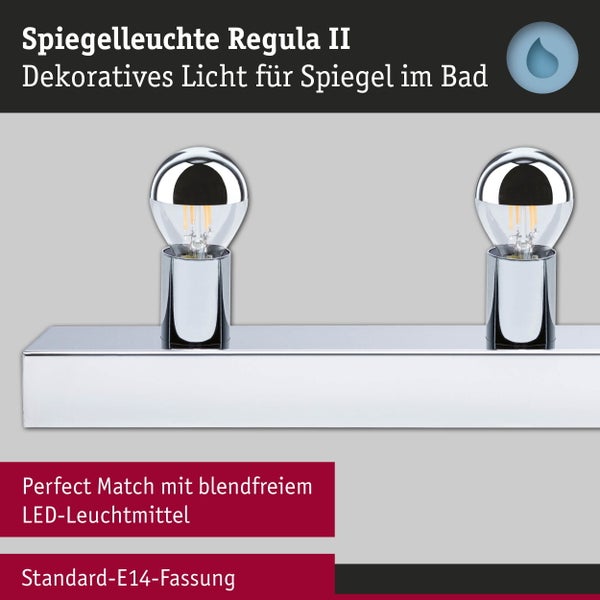 Spiegelleuchte Regula II aus Chrom für das Badezimmer, spritzwassergeschützt, mit zwei E14-Fassungen.