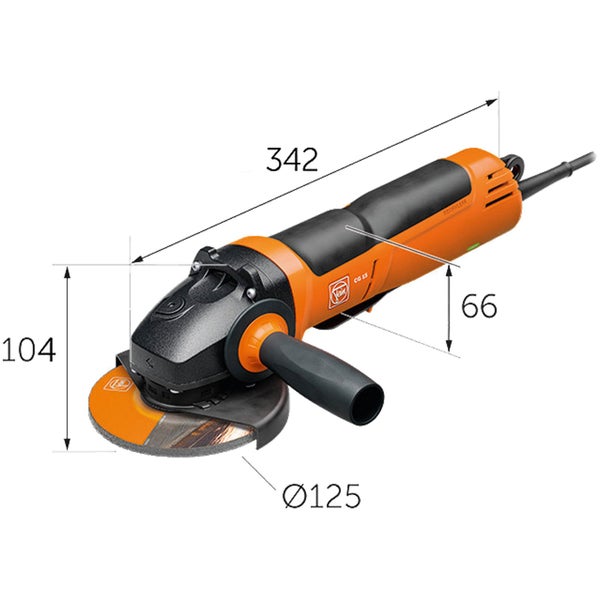 Winkelschleifer mit den Maßen 342 x 104 x 66 mm und einem Scheibendurchmesser von 125 mm