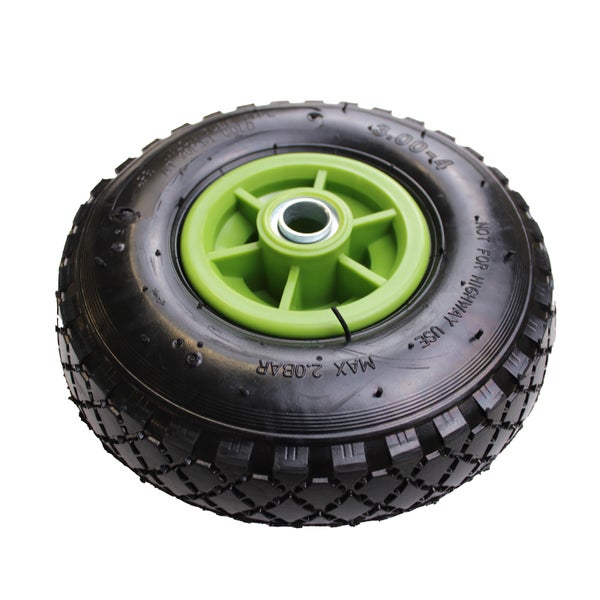 Schwarzes Schubkarrenrad mit grüner Felge