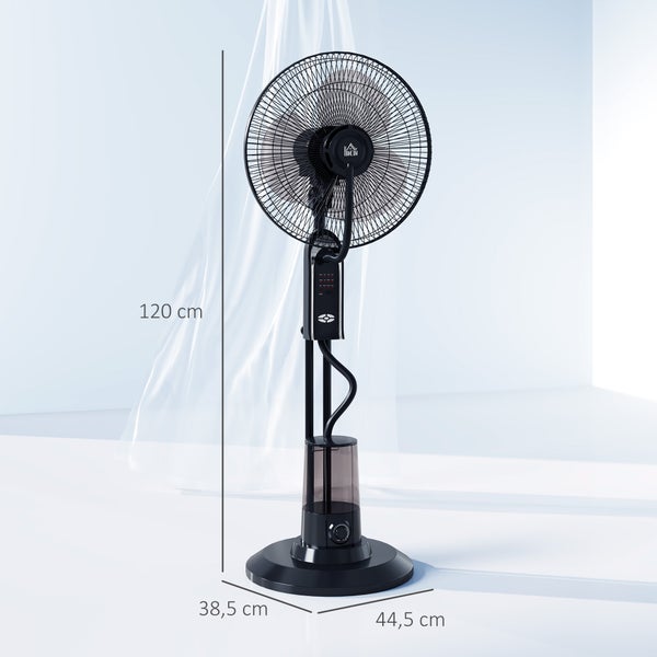 Schwarzer Homcom Standventilator mit Sprühnebelfunktion, Maße: Höhe 120 Zentimeter, Breite 44,5 Zentimeter, Tiefe 38,5 Zentimeter.