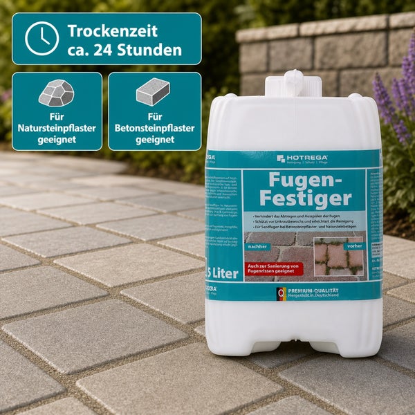 Hotrega Fugen Festiger für Natursteinpflaster und Betonsteinpflaster, 5 Liter Kanister zur Fugenbefestigung mit 24 Stunden Trockenzeit.