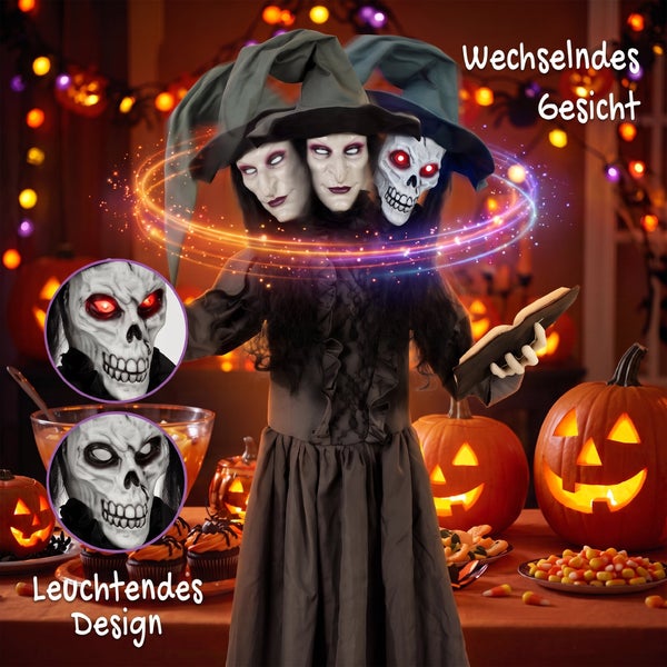 Halloweendekoration Hexe mit drei Köpfen, wechselndem Gesicht und leuchtenden Augen für stimmungsvolle Halloweenpartys.