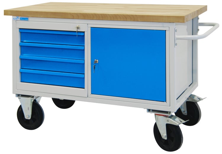 PROREGAL Mobile Werkbank Rhino mit 4 Schubladen Tür HxBxT 83 x 130 x 60 cm Traglast 500 kg Lichtgrau Blau