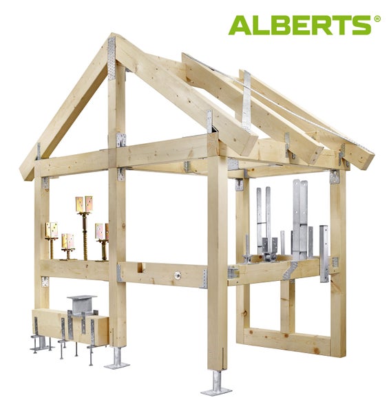 Holzkonstruktion Modell mit verschiedenen Alberts Logo Verbindungstechnik Bauteilen zur Befestigung von Holzbalken und Pfosten