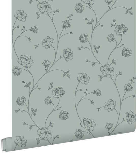 ESTAhome Tapete Toile de Jouy Rosen Graugrün - 0,53 x 10,05 m - 139314