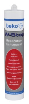 beko W-Stop Reparatur-Dichtmasse in der Kartusche, faserverstärkt und witterungsbeständig, verarbeitbar bis minus 10 Grad Celsius.