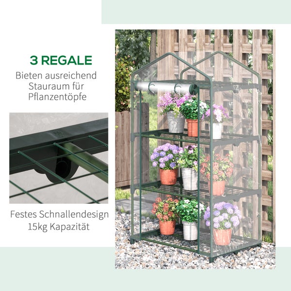 Kleines Gewächshaus mit drei Metallregalen, festem Schnallendesign, transparentem Überzug und einer Tragkraft von 15 Kilogramm.