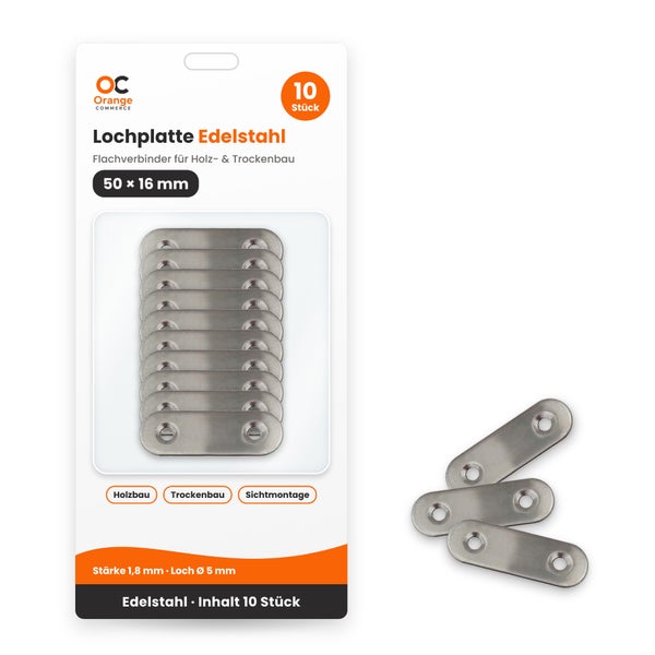 Orange Commerce Lochplatte aus Edelstahl 50 x 16 mm, 10 Stück, Flachverbinder für Holzbau und Trockenbau.