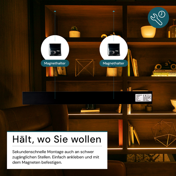 LED-Leuchte mit Magnethalterung vor Bücherregal