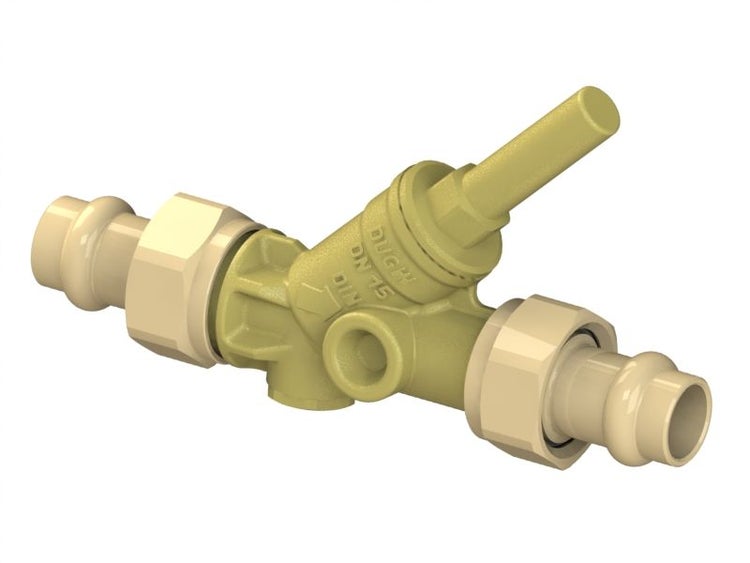 Schrägsitzventil mit Pressanschluss, Nenndurchmesser 15, Messing, für Wasserinstallationen.