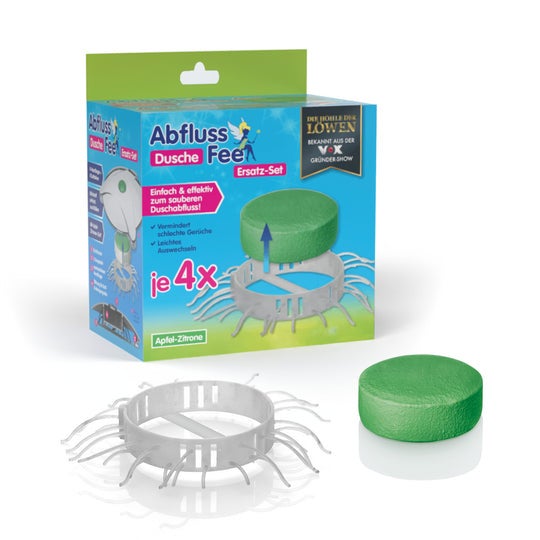 Ersatz-Set für Abfluss-Fee Dusche mit vier Duftsteinen Apfel-Zitrone und vier Haarsieben zur Reinigung des Duschabflusses.