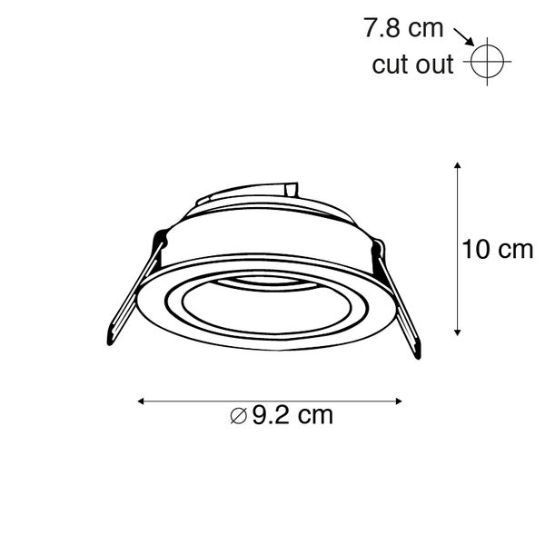 Skizze eines Einbaustrahlers mit Maßen: Durchmesser 9,2 Zentimeter, Höhe 10 Zentimeter und Lochausschnitt 7,8 Zentimeter.