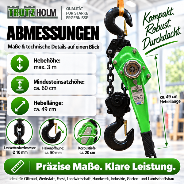 Trutzholm Hebelzug mit 6000 kg Tragkraft und 3 m Hebehöhe, inklusive technischer Maßangaben und Produktdetails in einer Übersichtsgrafik.