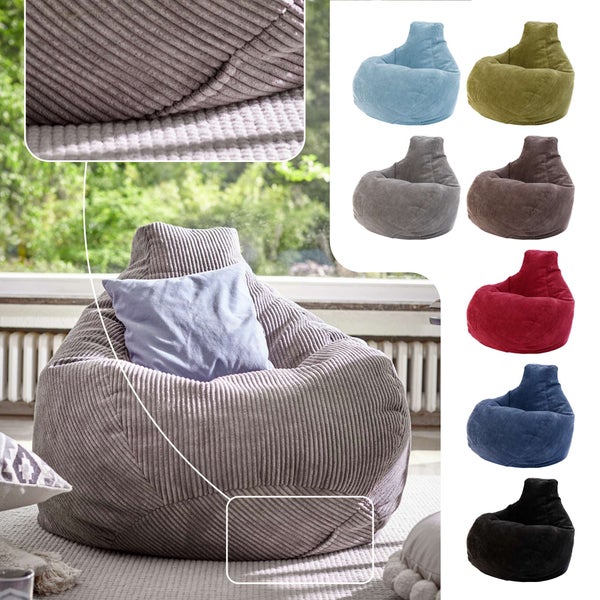 Green Bean Sitzsack mit Rückenlehne 80x80x90cm - Gaming Chair mit 230L Füllung Cordstoff - Bean Bag Bodenkissen Lounge Sitzhocker Relax-Sessel Gamer Gamingstuhl Hellgrau