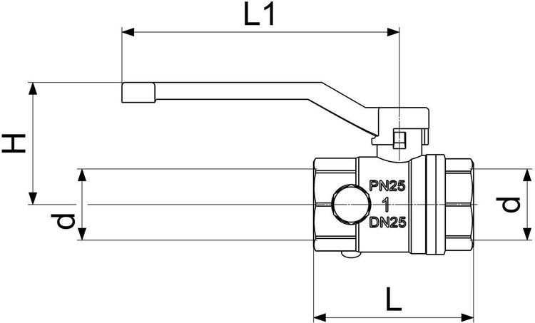 Technische Zeichnung eines Kugelhahns mit Maßangaben für L, L1, H und d sowie Druckstufe PN 25 und Nennweite DN 25.