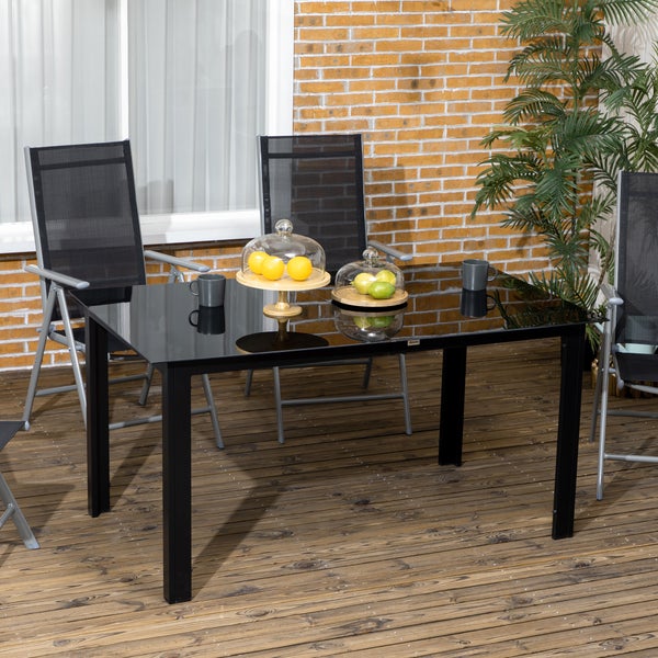 Outsunny Gartentisch, Garten Esstisch für 6 Personen, Terrassentisch mit Glastischplatte, Partytisch aus Alu, Balkontisch, Schwarz, 150 x 90 x 74 cm