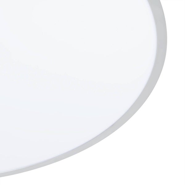 Nahaufnahme einer runden LED-Deckenleuchte mit silbernem Rand und weißer Abdeckung.