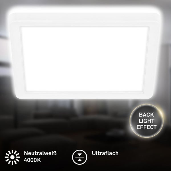 Quadratische LED-Deckenleuchte mit Backlight-Effekt, neutralweißem Licht mit 4000 Kelvin und ultraflachem Design.