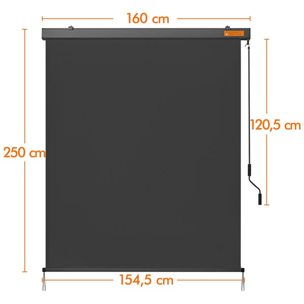 Dunkelgraues Rollo mit den Maßen 160 cm Breite, 250 cm Höhe und 120,5 cm Bedienlänge