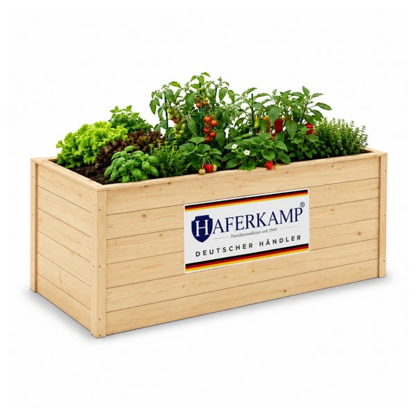 Bepflanztes Hochbeet aus Holz mit Haferkamp-Logo, bestückt mit verschiedenen Gemüse- und Kräuterpflanzen.