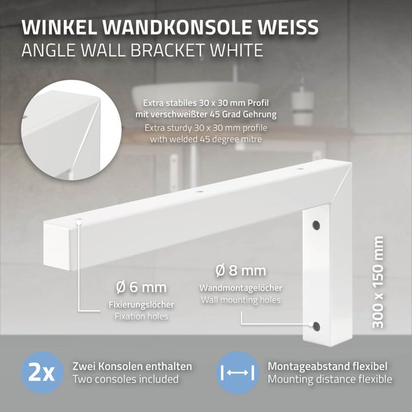 ML-Design 2er Set Wandkonsole Winkel L-Form für Waschtisch, 300x150 mm, Weiß, Stahl, Design Waschtischhalterung, Wandhalterung für Waschtischplatte Waschbecken, Konsolenträger Regalträger Regalhalter