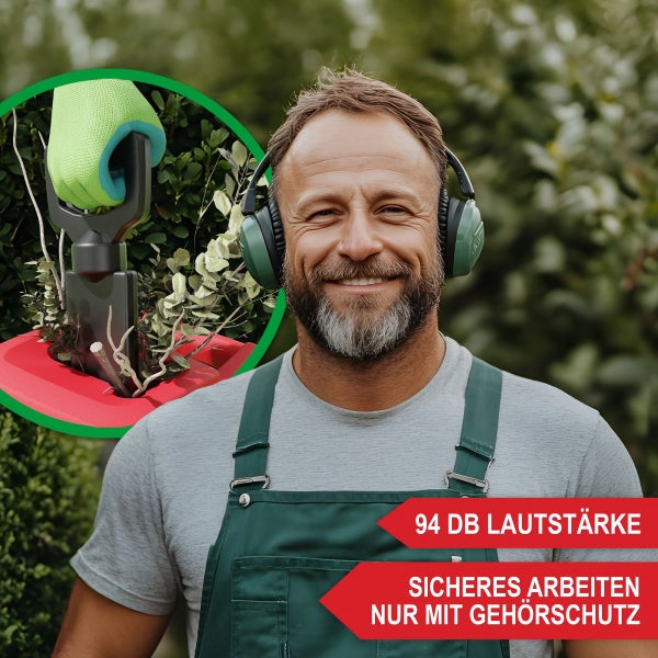Ein Mann mit Gehörschutz bei der Gartenarbeit. Inset zeigt Häckseln von Zweigen. Text: 94 Dezibel Lautstärke, Sicheres Arbeiten mit Gehörschutz.