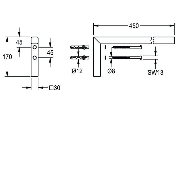 Maßzeichnung einer Wandkonsole mit 450 Millimeter Länge, 170 Millimeter Höhe, 30 Millimeter Profilbreite sowie Schrauben und Dübeln.