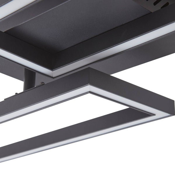 Moderne LED-Deckenleuchte mit rechteckigen schwarzen Metallrahmen und integrierten Lichtstreifen.