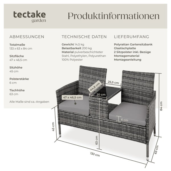 Infografik mit Maßen einer Polyrattan-Gartenbank mit zwei Sitzen, Sitzkissen und integriertem Tisch in der Mitte.