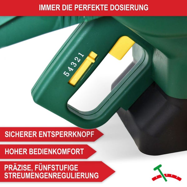 Nahaufnahme des Griffs eines Handstreuers mit Entsperrknopf und fünfstufiger Regulierung der Streumenge.