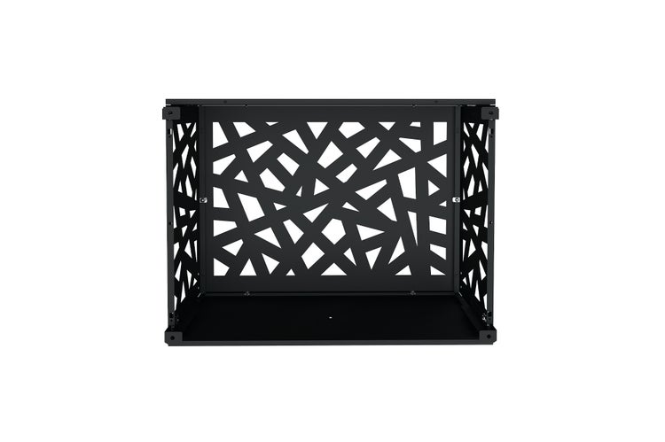Schwarze Aufbewahrungsbox aus Metall mit dekorativem geometrischem Ausschnittmuster.