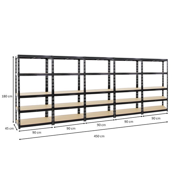 PROREGAL Mega Deal 5x Schwerlastregal Tiger HxBxT 180 x 90 x 45 cm Fachlast 265 kg 5-Ebenen Schwarz